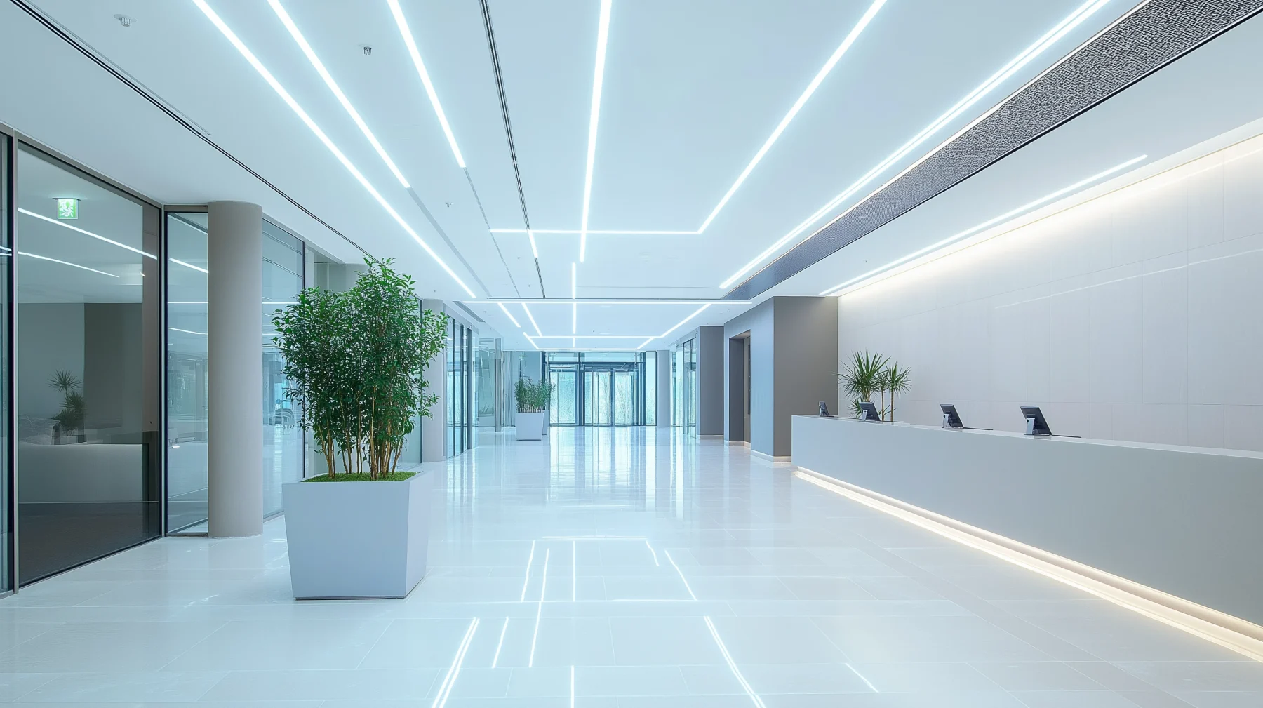 Modernised building with upgraded lighting.
