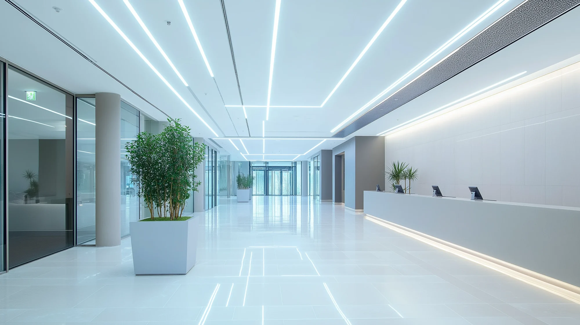 Modernised building with upgraded lighting.
