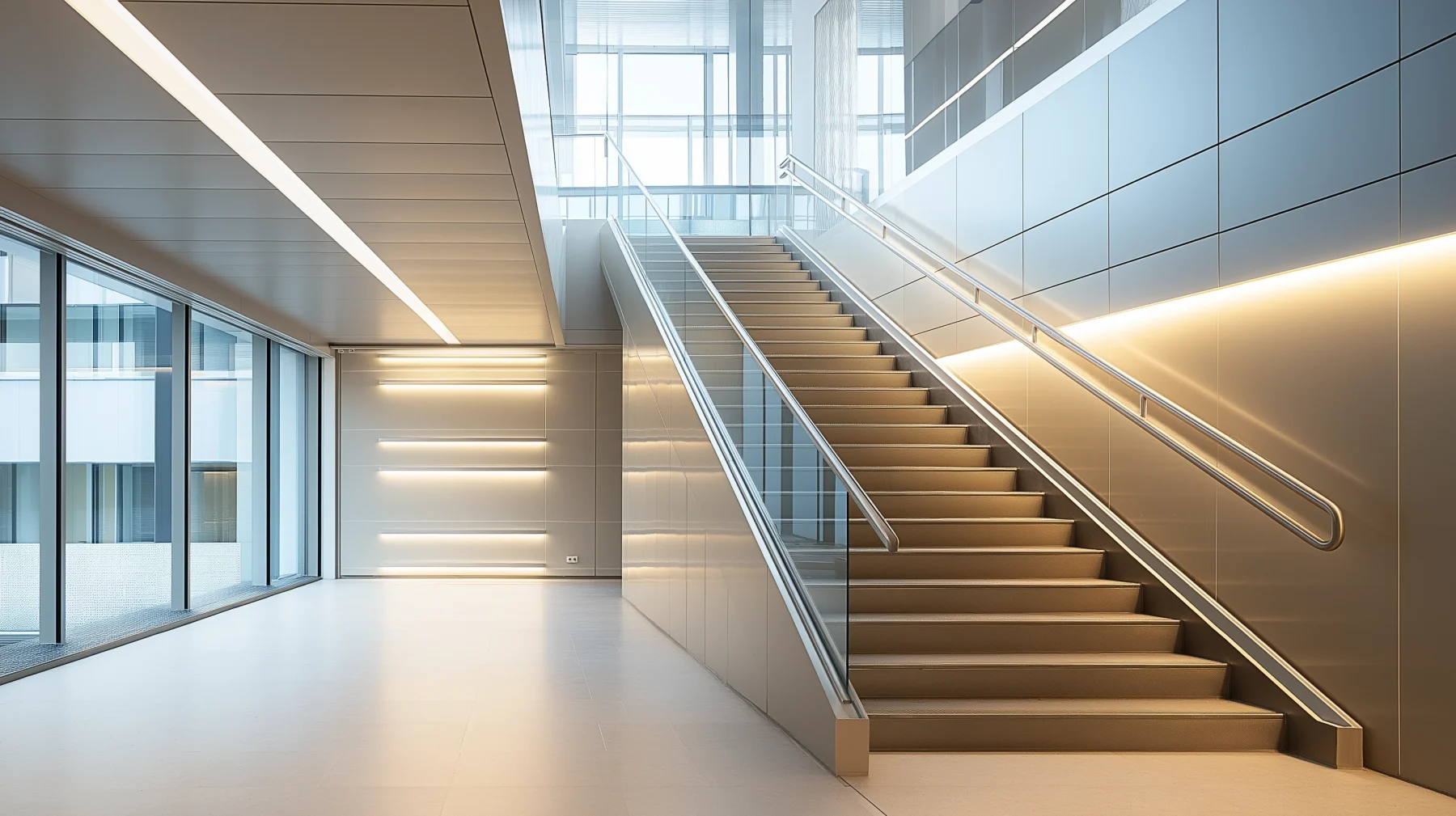 A refurbished commercial stairwell with new linear lighting.