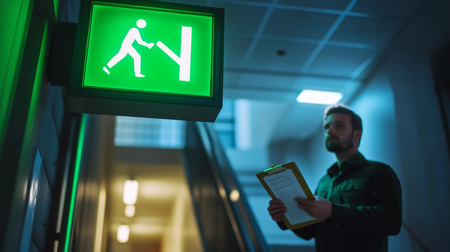 Illuminated emergency exit sign above a stairwell during a compliance inspection.