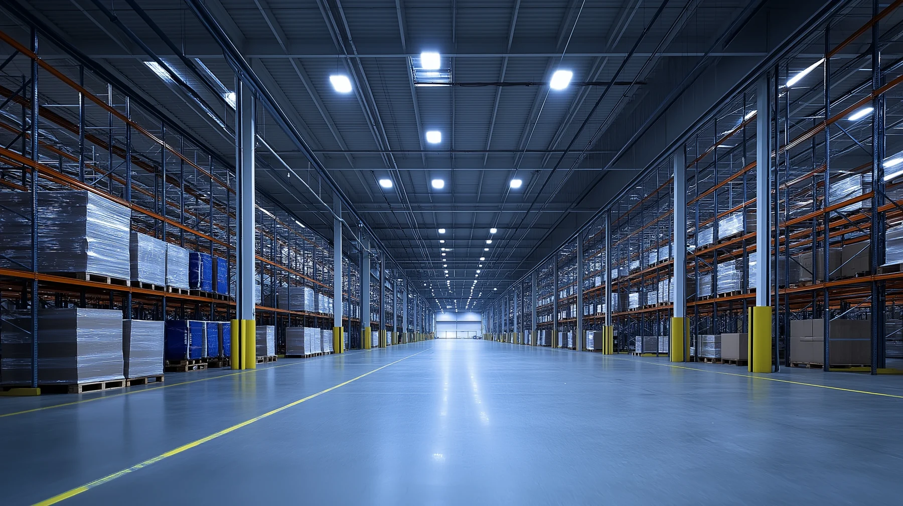 A warehouse aisle evenly lit by efficient high-bay LED luminaires.
