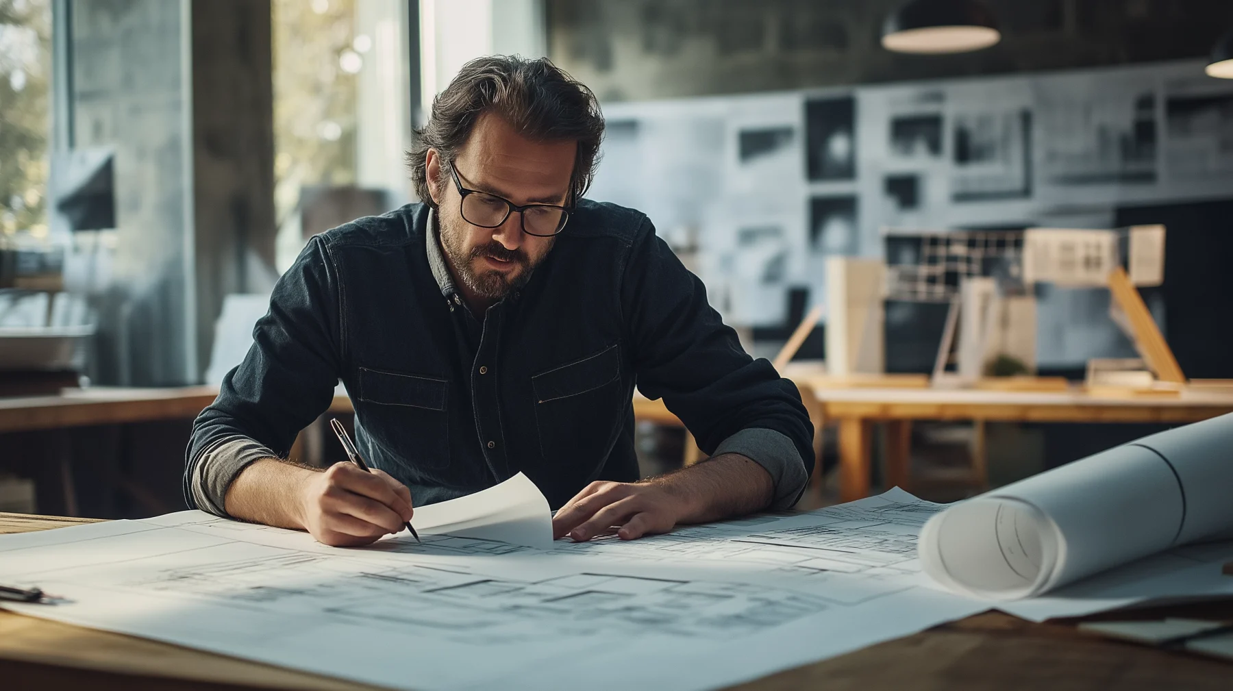 Architect reviewing lighting plans at a drafting desk.