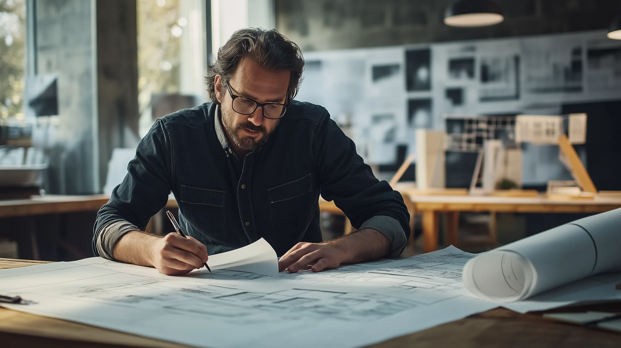 Architect reviewing lighting plans at a drafting desk.