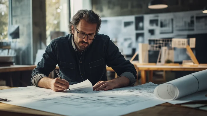 Architect reviewing lighting plans at a drafting desk.