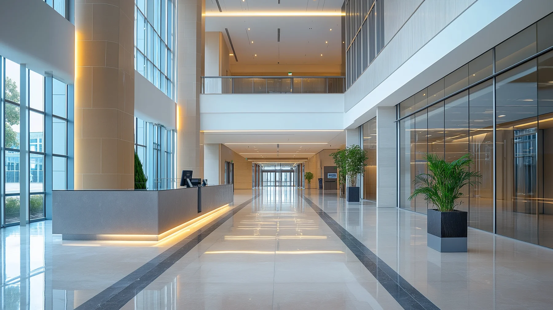 Bright, well-maintained managed building lobby with even LED lighting.