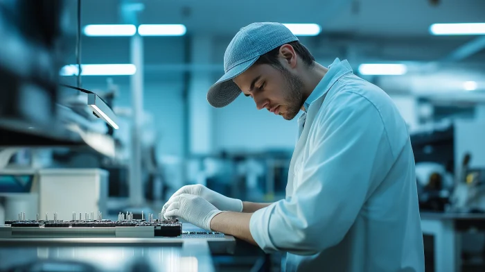 Production engineer at a luminaire assembly bench.
