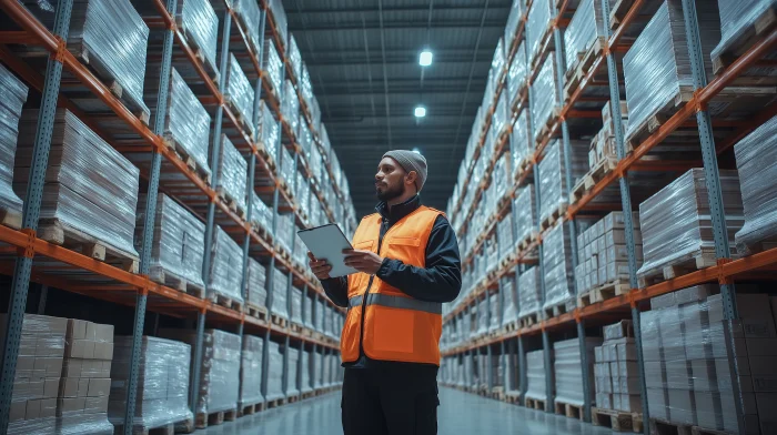 Distribution worker checking lighting stock.