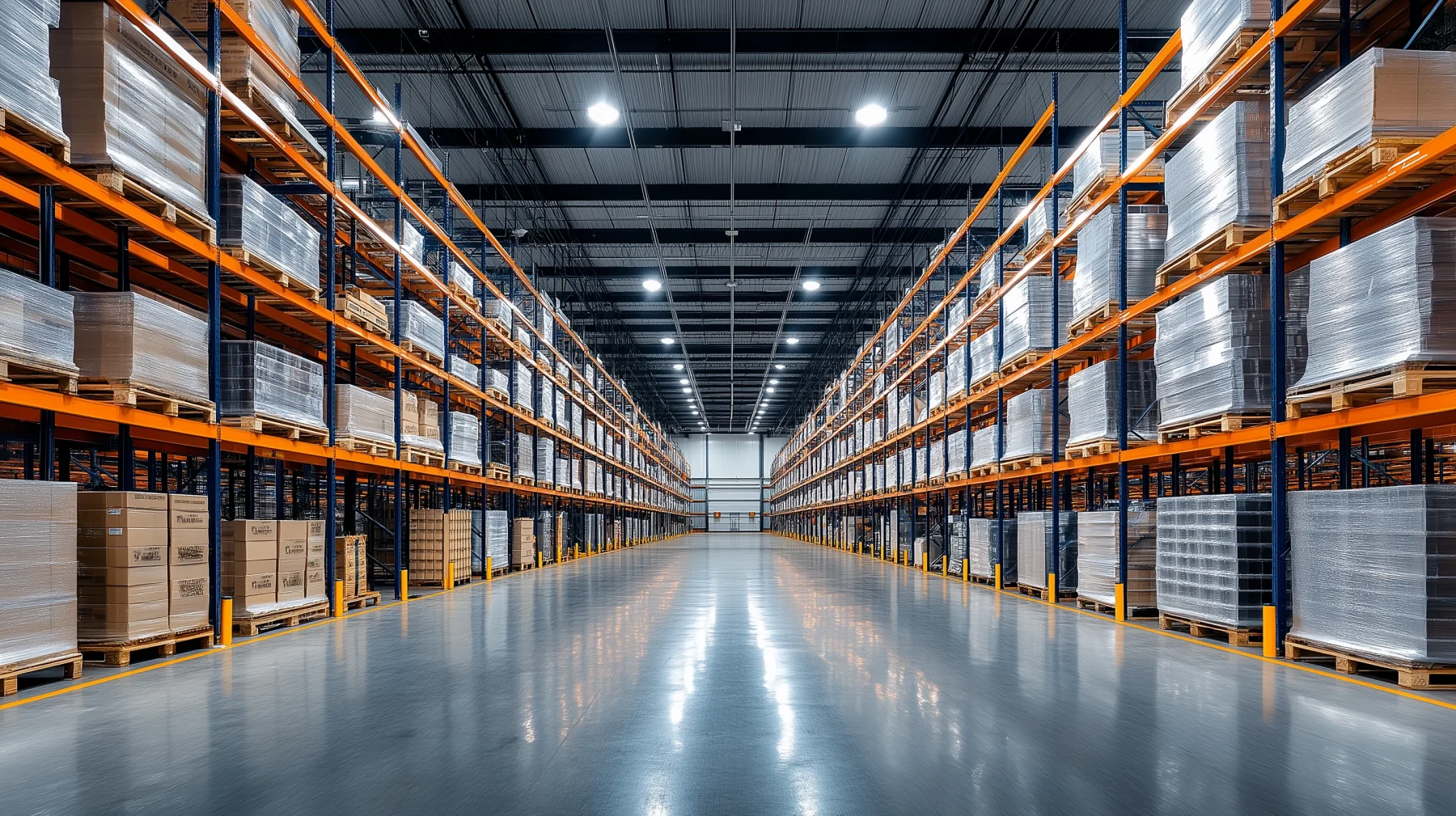 Modern lighting-components distribution warehouse with high-bay LED lighting.