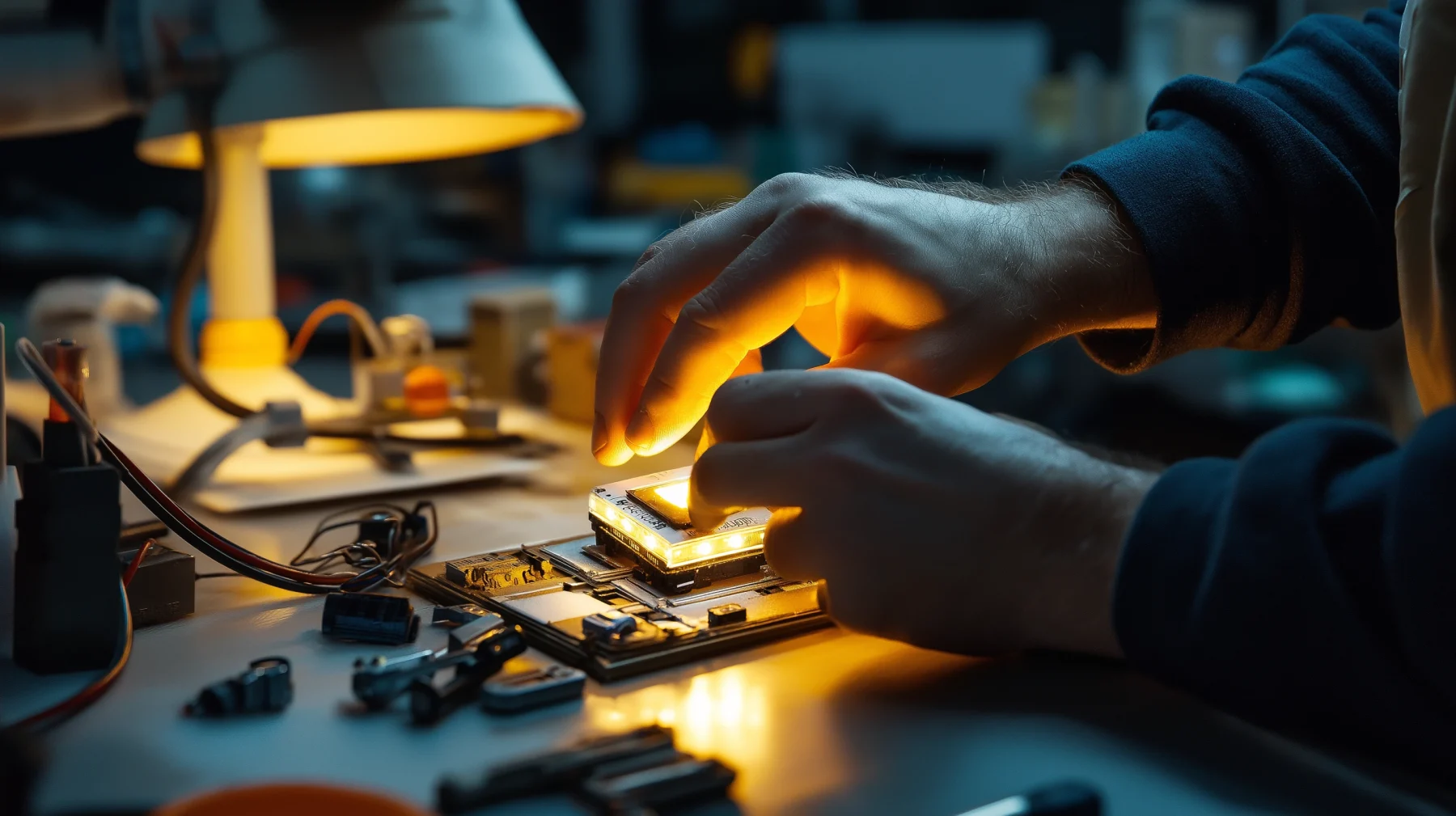 Close-up of a technician replacing an LED module and driver in a luminaire.
