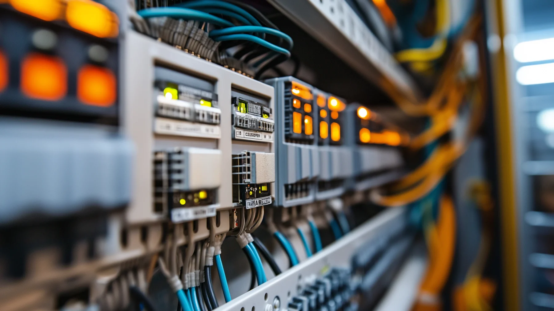 LED drivers and power supplies neatly mounted on a DIN rail in a control cabinet.