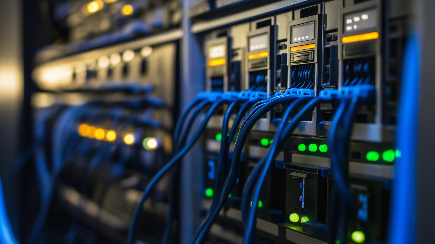 A tidy controls cabinet with structured cabling linking lighting and building systems.