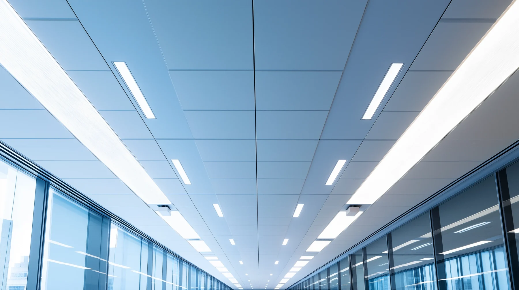Zoned linear ceiling luminaires dimming across a modern office.