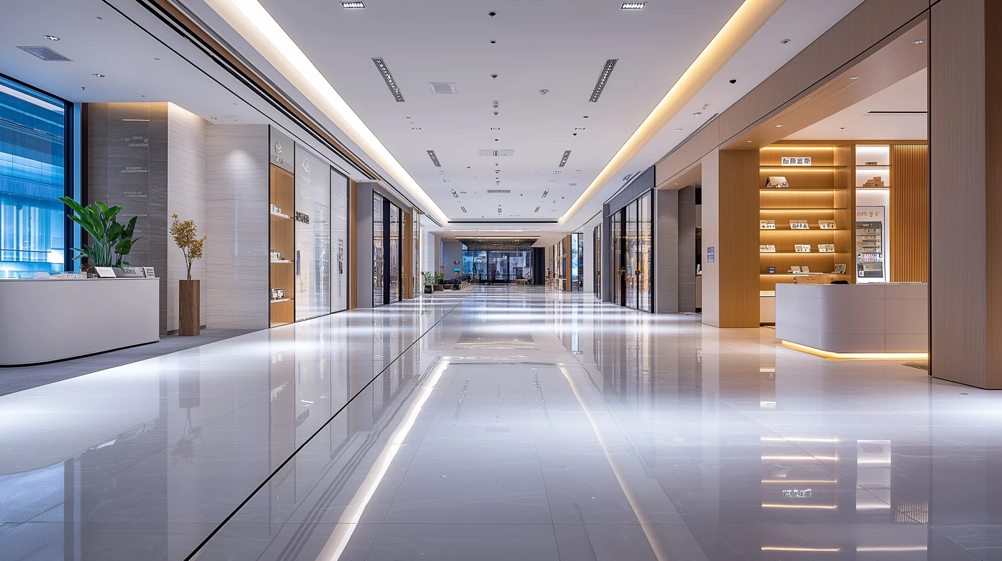 A completed professional lighting installation in a modern commercial interior.