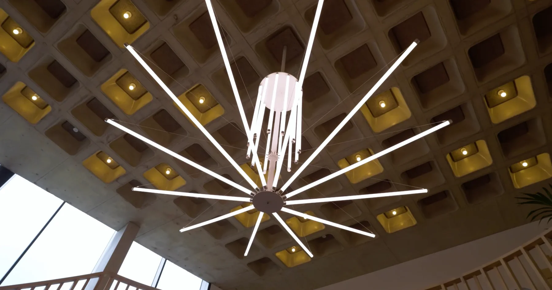 Close view from below of a bespoke chandelier built with Tridonic LED boards, flex and drivers.