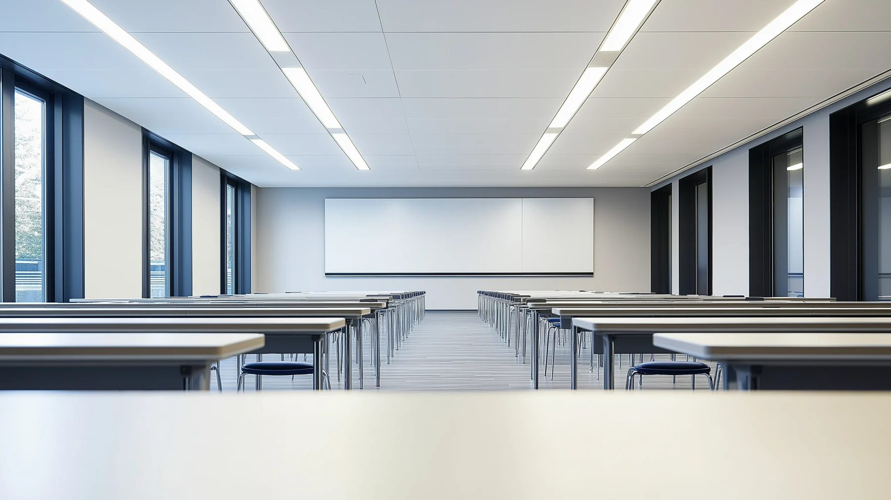 Modern classroom with efficient LED lighting and good daylight.