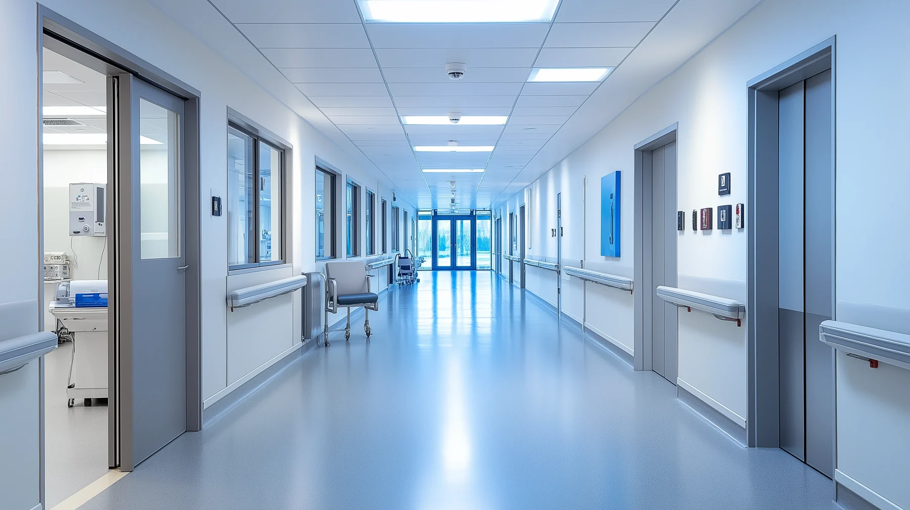 Clean modern healthcare corridor with reliable, even lighting.
