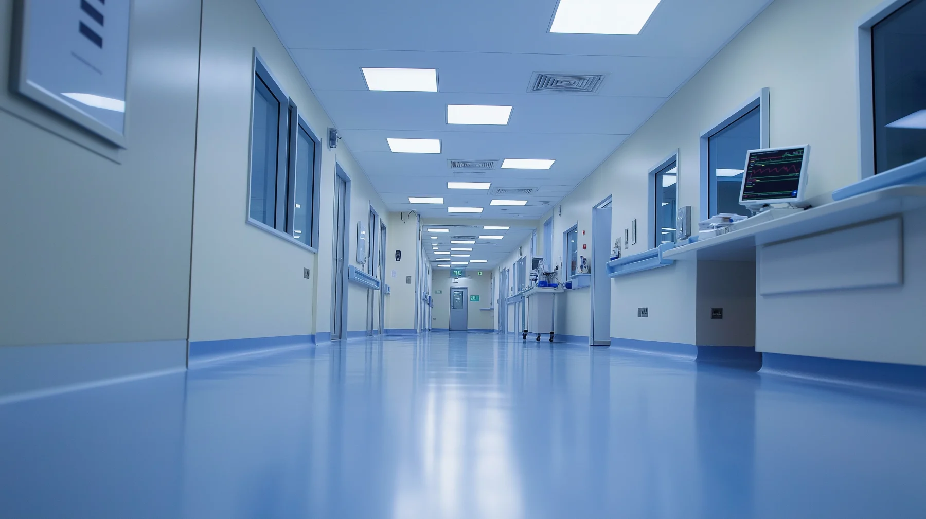 Modern hospital ward bay with hygienic recessed tunable-white lighting.