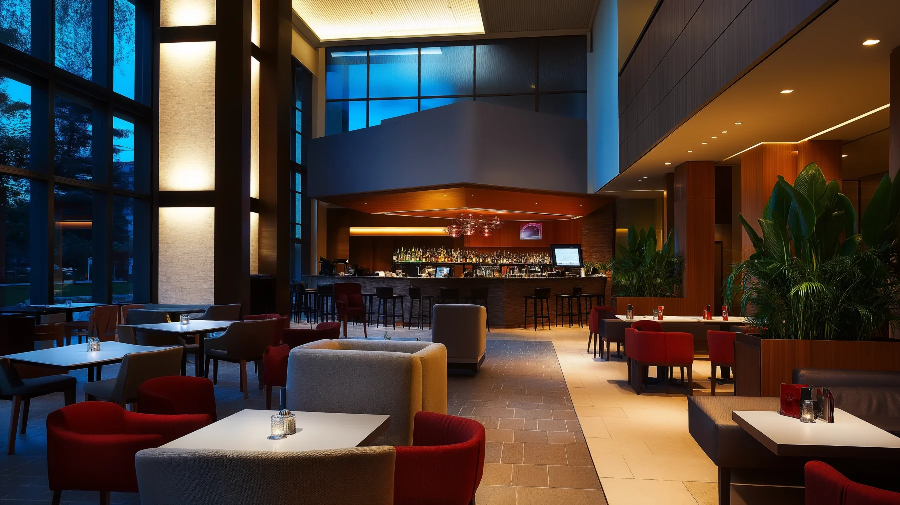 Contemporary hospitality interior with layered, flexible lighting.