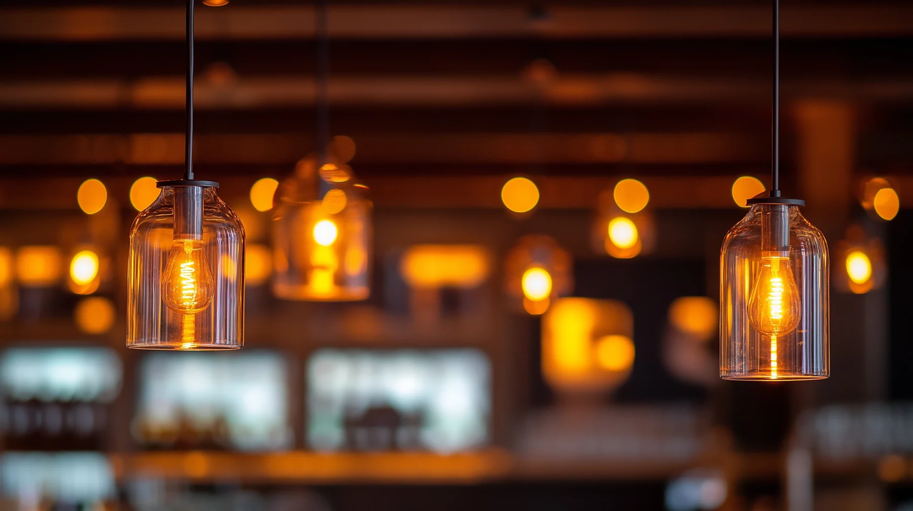 Modern hotel restaurant with layered warm lighting scenes and pendants.