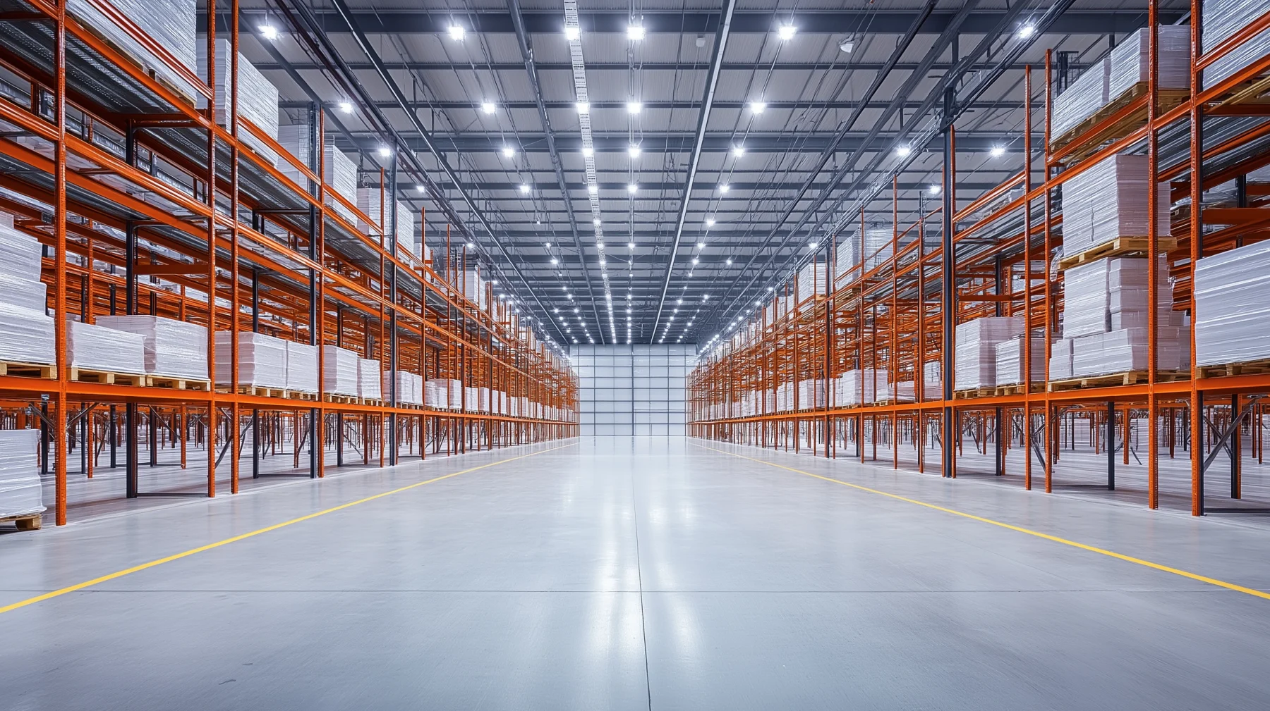 Modern warehouse interior lit by high-bay LED luminaires.