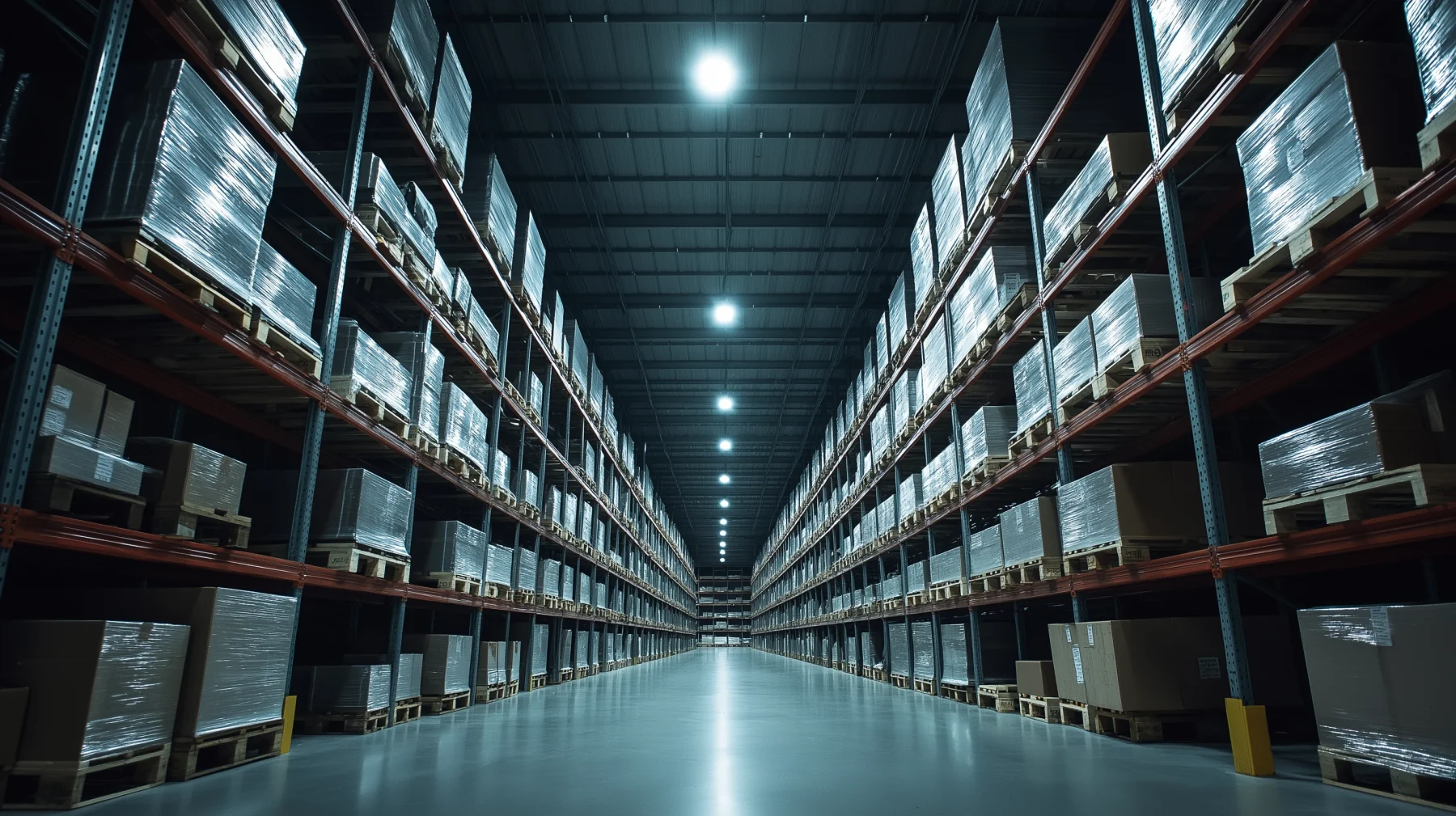 High-bay LED luminaires over a clean warehouse aisle with racking.