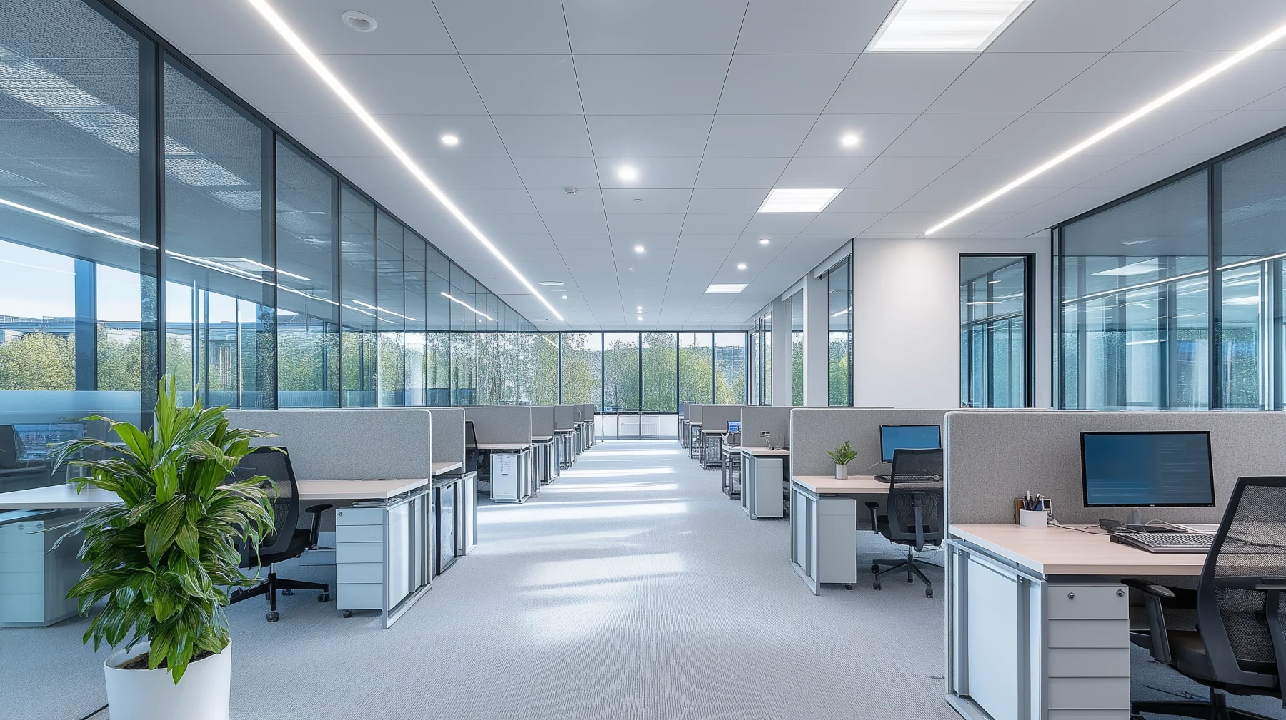 Contemporary office interior with even, comfortable LED lighting.