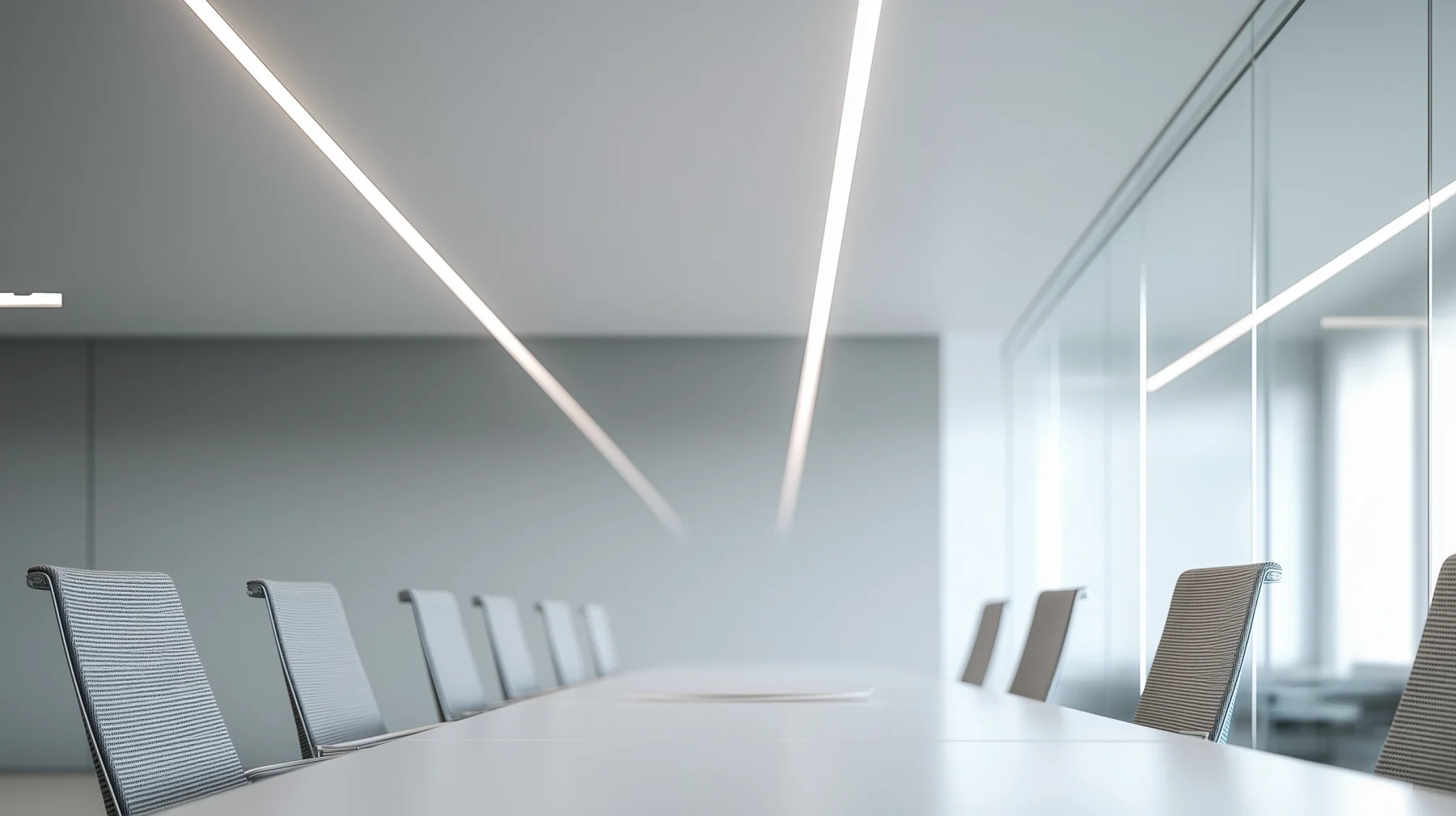 Modern office meeting room with recessed and linear LED lighting and daylight.