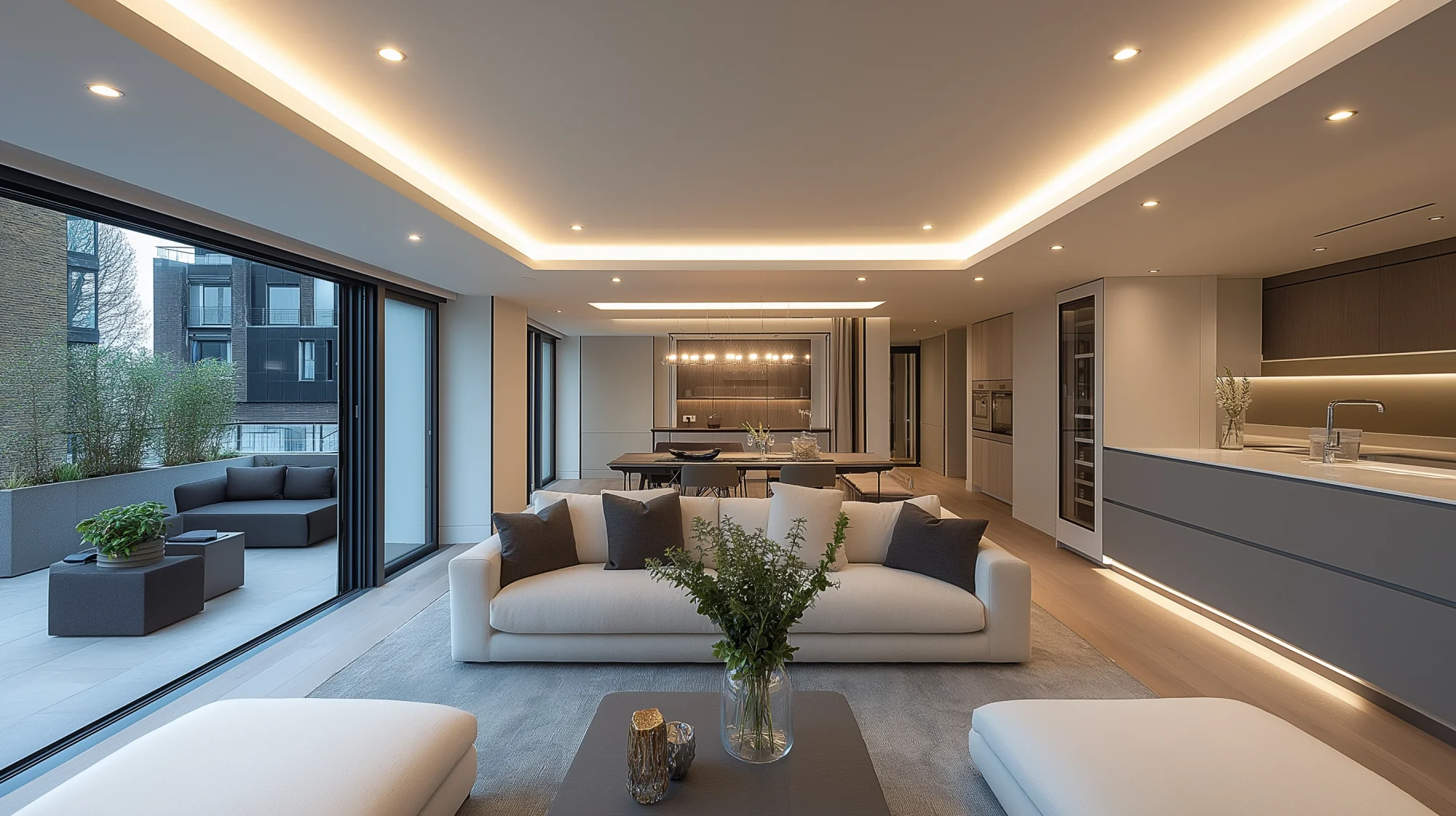 Modern residential living space with integrated, well-controlled lighting.