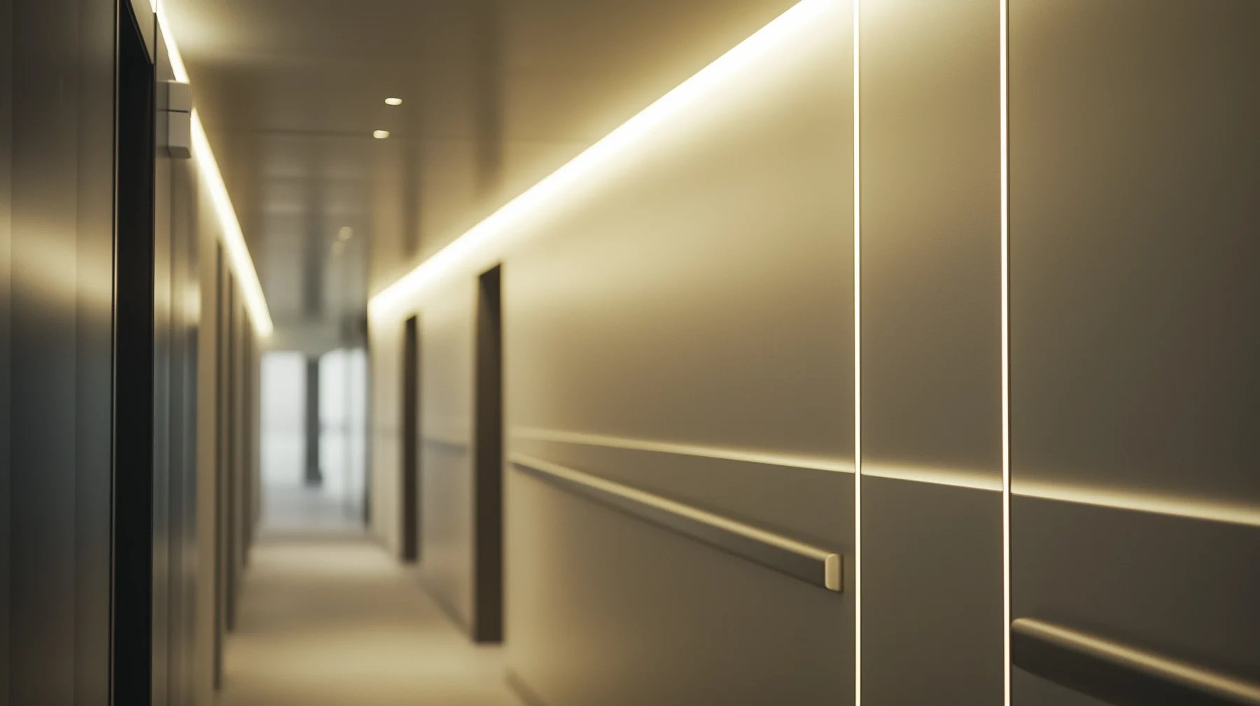 Modern residential communal corridor with warm, efficient linear LED lighting.