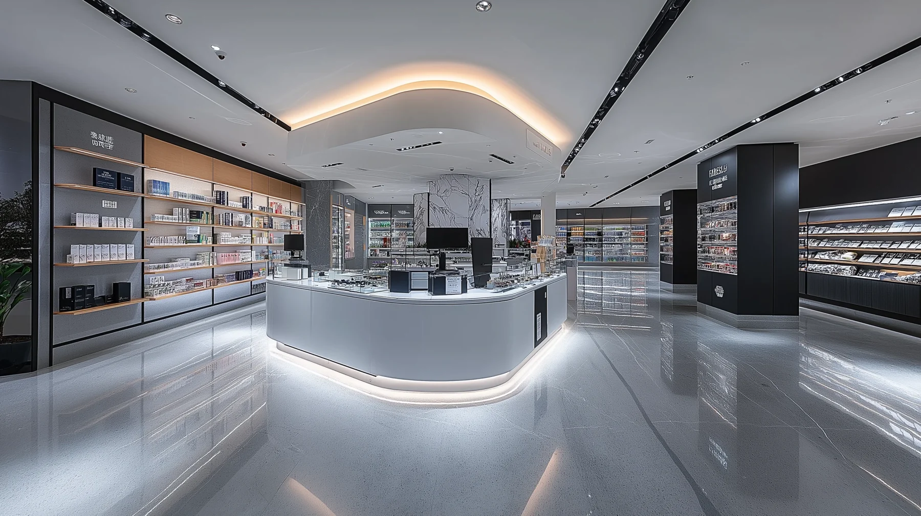 Modern retail interior with accent and ambient LED lighting.