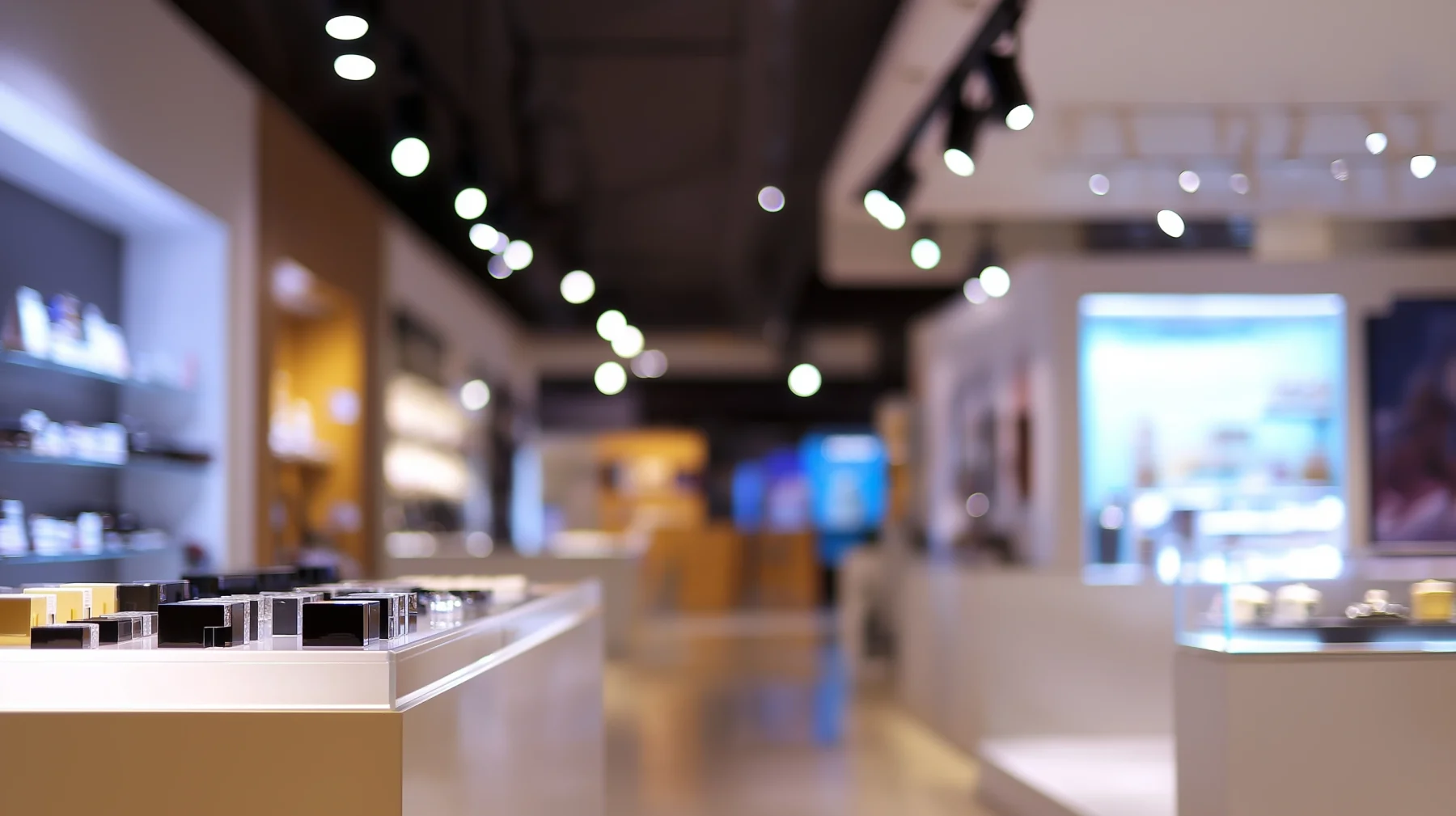 Retail track lighting and spotlights highlighting a product display.