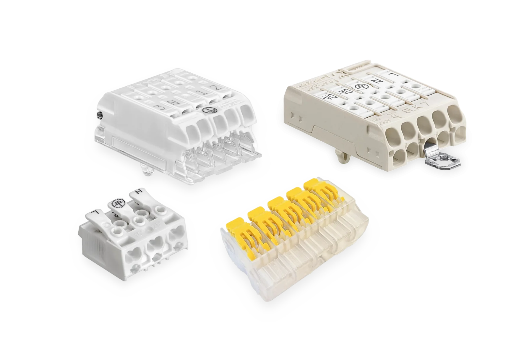 Collection of Electro Terminal wiring components — terminal connectors, a junction box and pre-wired continuous-row looms.