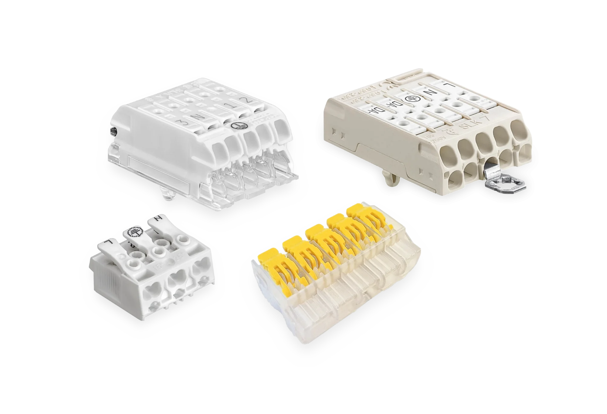 Collection of Electro Terminal wiring components — terminal connectors, a junction box and pre-wired continuous-row looms.