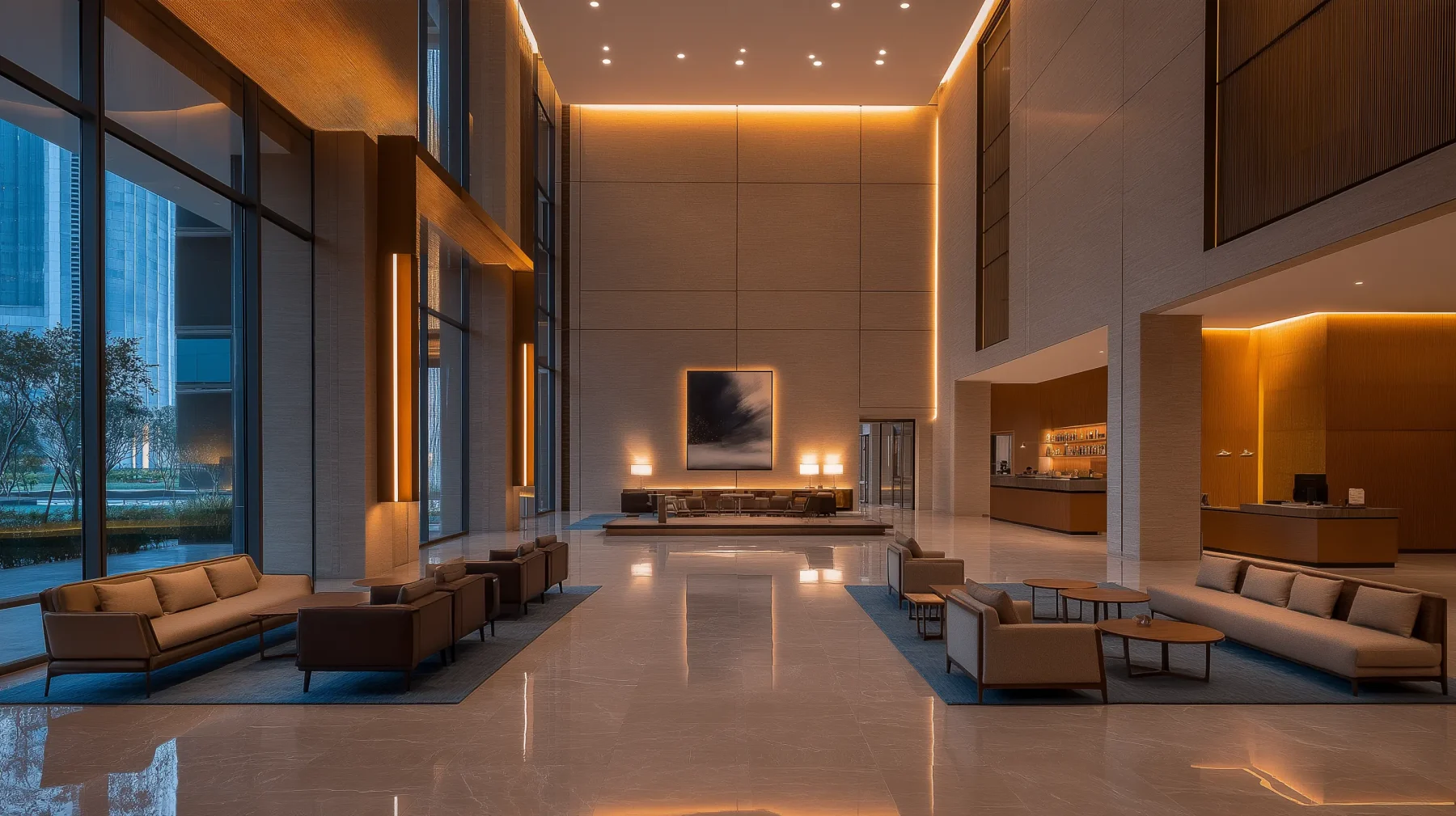 A premium modern hotel lobby with warm architectural LED lighting.