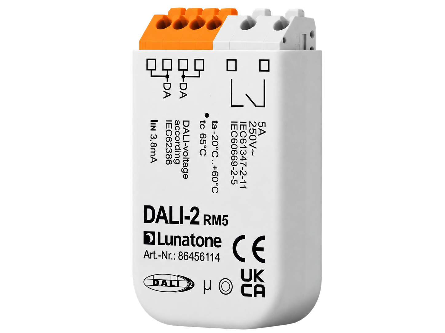 Lunatone DALI-2 RM5 compact relay module with orange and white terminals