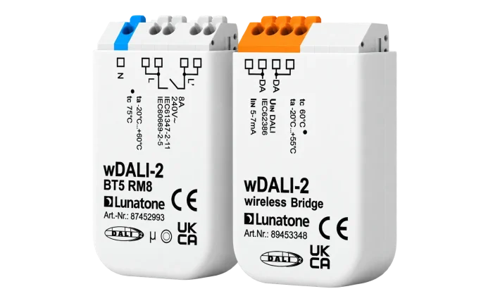 Lunatone wDALI-2 BT5 RM8 and wDALI-2 wireless Bridge modules shown side by side with coloured terminal blocks