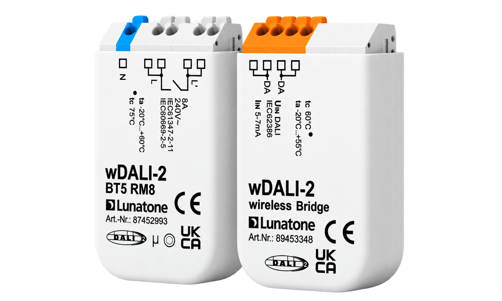 Lunatone wDALI-2 BT5 RM8 and wDALI-2 wireless Bridge modules shown side by side with coloured terminal blocks