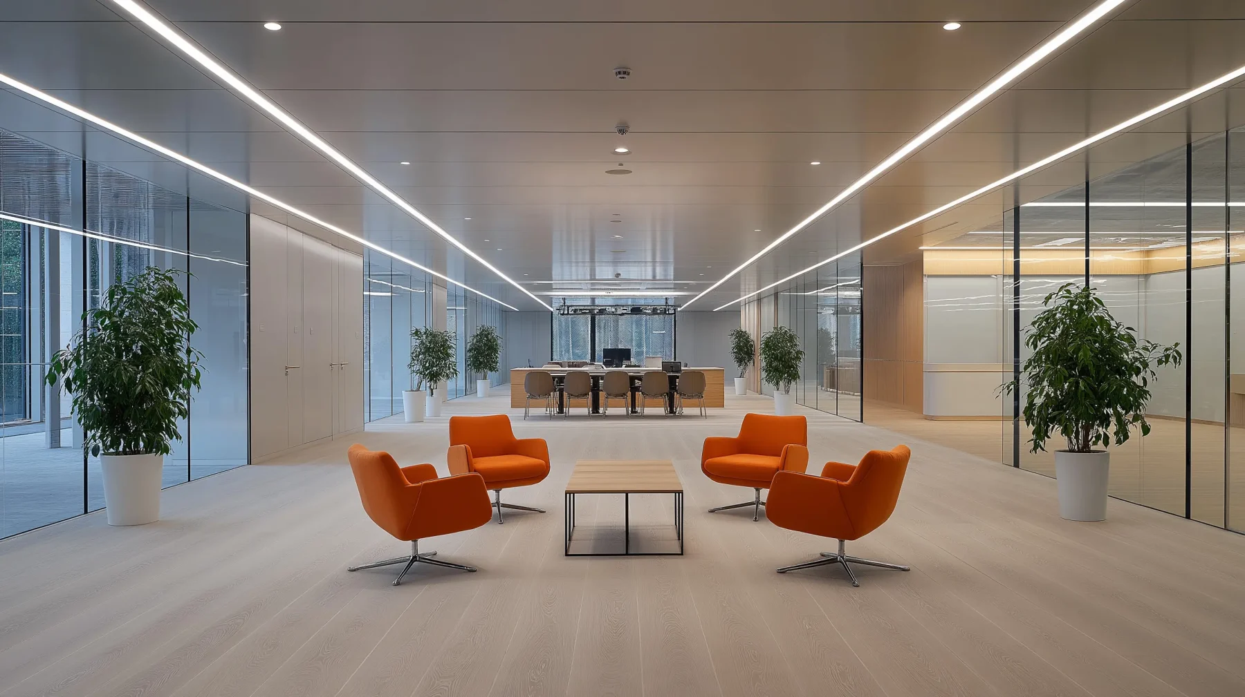A bright modern open-plan office interior with contemporary LED lighting.