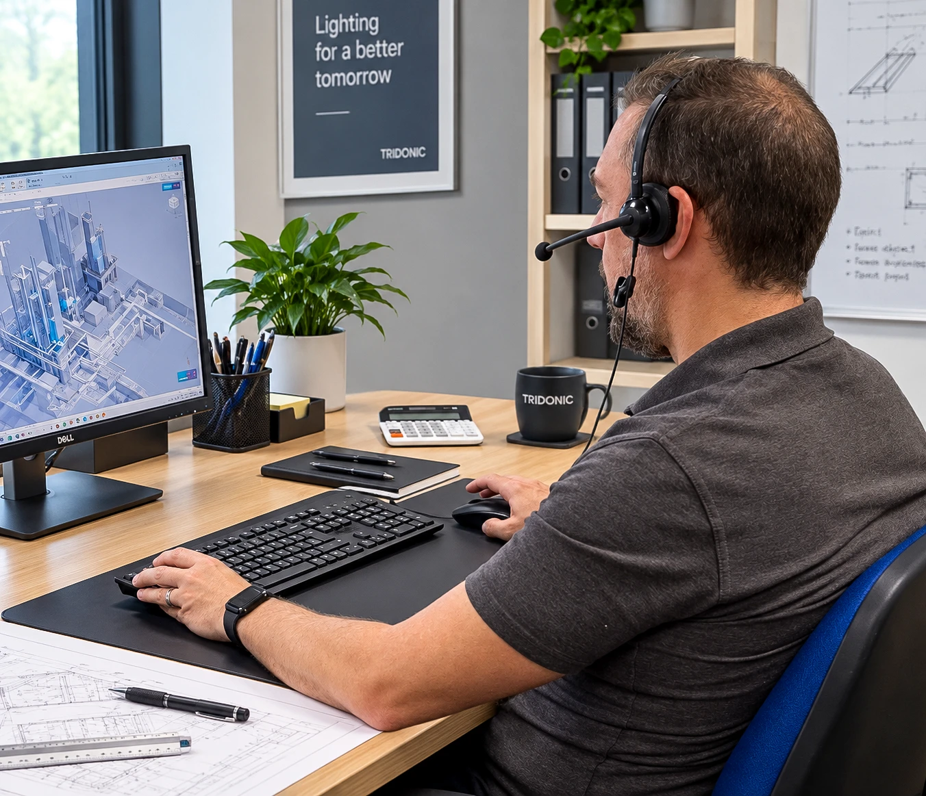 Tridonic Distribution UK technical support reviewing a 3D building model during a customer call