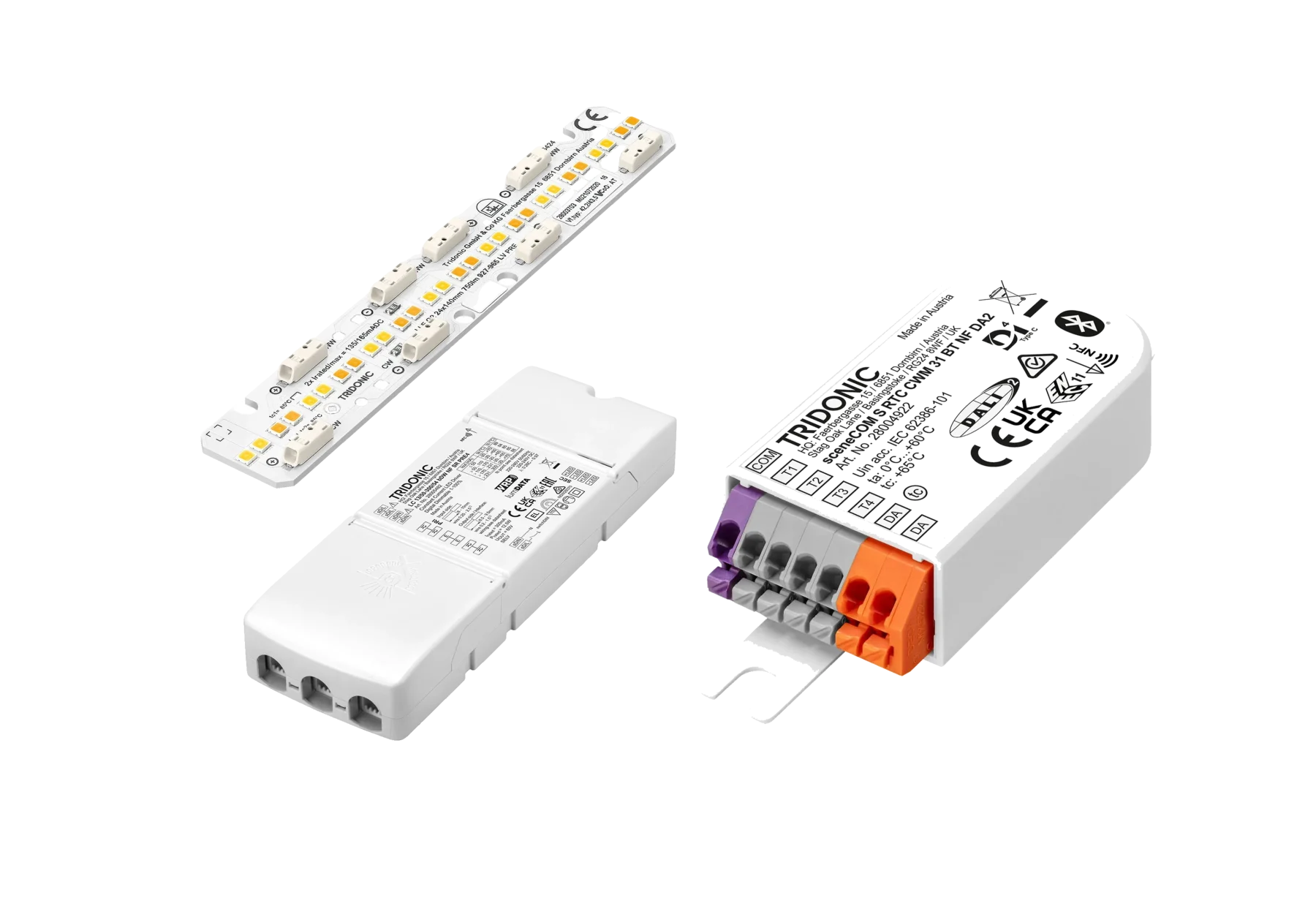 Collection of Tridonic lighting components — LED drivers, a downlight module, a sensor and control gear.