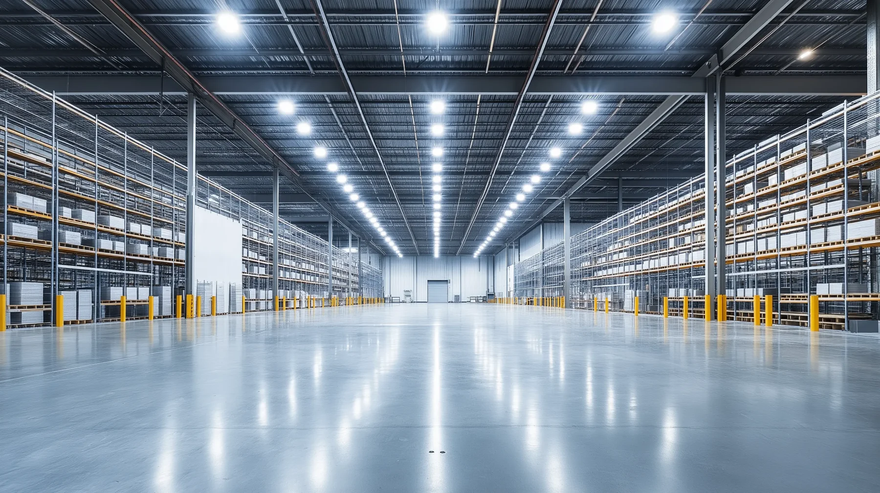 A modern warehouse interior with rows of linear LED high-bay lighting.